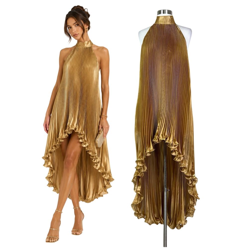 NEW Mew Mews | Statement Gold Metallic Pleated High Low Halter Dress Small